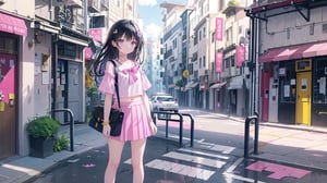 masterpiece, best quality, high quality, extremely detailed CG unity 8k wallpaper, extremely detailed, High Detail, vibrant colors, backlight, photo background, 

(1girl, solo), long hair, looking at viewer, smile, skirt, shirt, black hair, navel, jewelry, standing, short sleeves, pleated skirt, midriff, bag, bracelet, grey skirt, pink shirt, shoulder bag,

girl, pink short sleeve top, grey pleated skirt, yellow small bag, standing, blue shutter door, white text, posing with hands above head, casual outfit,