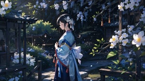 masterpiece, best quality, high quality, extremely detailed CG unity 8k wallpaper, extremely detailed, High Detail, vibrant colors, backlight, photo background, 

(1girl, solo), long hair, black hair, hair ornament, long sleeves, holding, closed mouth, standing, closed eyes, braid, flower, hair flower, wide sleeves, blurry, from side, profile, chinese clothes, realistic, branch, hanfu,

A woman in traditional Chinese clothing, wearing a light blue flowing robe, with her hair elegantly styled and adorned with delicate hair accessories, The background is filled with blooming white flowers, creating a romantic and classical atmosphere, The overall scene is ethereal and dreamy,