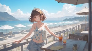 A young woman with short, brown hair adorned with a hair ornament, wears a bright smile as she gazes directly at the viewer. Her short locks are styled to perfection, framing her heart-shaped face. She's dressed in light denim shorts and a floral camisole, exuding effortless charm. Set against the serene backdrop of an ocean-filled horizon, she stands confidently by a railing, surrounded by beach umbrellas providing shade. A pair of drinks sit on a nearby table, as if inviting the viewer to join her in this idyllic outdoor setting.