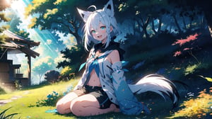 masterpiece, best quality, high quality, extremely detailed CG unity 8k wallpaper, extremely detailed, High Detail, vibrant colors, backlight, photo background, 

(1girl, solo), long hair, breasts, looking at viewer, smile, open mouth, bangs, navel, animal ears, hair between eyes, sitting, green eyes, tail, braid, ahoge, white hair, sidelocks, outdoors, detached sleeves, shorts, day, virtual youtuber, hood, wide sleeves, tree, neckerchief, animal ear fluff, fox ears, short shorts, single braid, hoodie, fox tail, wariza, black shorts, grass, outstretched arm, fox girl, nature, side braid, forest, outstretched hand, reaching towards viewer, blue neckerchief, dappled sunlight, white hoodie, shirakami fubuki,

A cute girl with white short hair and animal ears, sitting on a grassy forest clearing, wearing a loose white shirt with a blue scarf, reaching out with a warm smile, sunny forest background, green grass and scattered flowers, anime style,