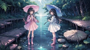 masterpiece, best quality, high quality, extremely detailed CG unity 8k wallpaper, extremely detailed, High Detail, anime style, colors, backlight, cute background, dreamy background, ethereal ambiance, magical atmosphere, fantasy elements, whimsical,

(2 girls, twins), long hair, multiple girls, black hair, dress, 2girls, boots, day, water, ocean, umbrella, knee boots, dual persona, pink footwear,

Two girls standing by the water, wearing cute dresses, long hair, holding a transparent umbrella, one in a pink dress, the other in a blue dress, fashionable boots, calm sea in the background, clear sky, refreshing and cheerful atmosphere, 