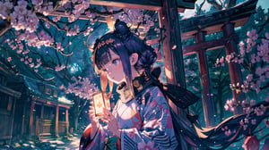 //Quality
(((best quality, 8k wallpaper))), ((detailed eyes, detailed illustration, masterpiece, ultra-detailed)),

//Charater
1girl, solo, ninomae ina'nis, flat_chest, tiny_chest,
inanewyears, haori, print kimono, black scarf, double bun, hair flower

// Background
((detailed background)), midjourney, yofukashi background,perfect light, (cherry blossoms), extremely delicate and beautiful, ((background: shrine, night stars iridescent)), ((nightime, detailed stars)), Night view in the shrine, A girl prays in front of a shrine at night, behind her is a row of lanterns and a red torii gate