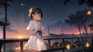 masterpiece, best quality, high quality, extremely detailed CG unity 8k wallpaper, extremely detailed, High Detail, colors, backlight, cute background, dreamy background, ethereal ambiance,

(1girl, solo), looking at viewer, smile, short hair, black hair, hair ornament, dress, flower, outdoors, white dress, own hands together, plant, railing, balcony, (night view:1.5), upper body, standing,

A young girl smiling on a traditional wooden balcony at night, soft warm lighting, greenery in the background, wearing a light-colored dress with a hair accessory, cozy and serene atmosphere, glowing fireflies, starry sky, mystical aura, gently falling petals,