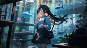 masterpiece, best quality, high quality, extremely detailed CG unity 8k wallpaper, extremely detailed, High Detail, vibrant colors, backlight, photo background, 

(1girl, solo), long hair, skirt, shirt, black hair, bag, looking up, watch, wristwatch, aquarium,

A girl standing in front of a large aquarium, gazing thoughtfully at the blue underwater scene, soft lighting, calm and serene atmosphere, long hair, casual outfit