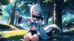 masterpiece, best quality, high quality, extremely detailed CG unity 8k wallpaper, extremely detailed, High Detail, vibrant colors, backlight, photo background, 

(1girl, solo), long hair, breasts, looking at viewer, smile, open mouth, bangs, navel, animal ears, hair between eyes, sitting, green eyes, tail, braid, ahoge, white hair, sidelocks, outdoors, detached sleeves, shorts, day, virtual youtuber, hood, wide sleeves, tree, neckerchief, animal ear fluff, fox ears, short shorts, single braid, hoodie, fox tail, wariza, black shorts, grass, outstretched arm, fox girl, nature, side braid, forest, outstretched hand, reaching towards viewer, blue neckerchief, dappled sunlight, white hoodie, shirakami fubuki,

A cute girl with white short hair and animal ears, sitting on a grassy forest clearing, wearing a loose white shirt with a blue scarf, reaching out with a warm smile, sunny forest background, green grass and scattered flowers, anime style,