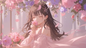 A serene, whimsical moment captures a young woman's tranquility. Her long, wavy brown hair cascades down her back, adorned with a delicate hair ornament that catches the gentle light. A radiant smile spreads across her closed eyes as she cradles a showy pink flower in her hand. The soft focus of her face is juxtaposed against the vibrant pastel hues of the floral decorations in the background, where delicate pink and purple petals dance in harmony. Her flowing pink dress rustles slightly as she holds the bouquet, while dainty earrings glint subtly, drawing attention to her luscious lips. The overall atmosphere is one of ethereal romance, inviting the viewer into this dreamy world.