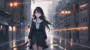 masterpiece, best quality, high quality, extremely detailed, High Detail, vibrant colors, backlight, 

(1girl, solo), long hair, looking at viewer, bangs, black hair, long sleeves, parted lips, lips, dress, standing, delicate face, soft lighting,

night, outdoors, tree, ground vehicle, city, car, road, lamppost, street, crosswalk, night city street, buildings, street lights, trees, road signs, reflections on wet ground, urban night scene, light rain, glowing neon signs, misty ambiance, bustling city, illuminated skyscrapers, busy streets, traffic lights, sidewalk, shop windows, cityscape, urban skyline, 