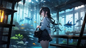 masterpiece, best quality, high quality, extremely detailed CG unity 8k wallpaper, extremely detailed, High Detail, vibrant colors, backlight, photo background, 

(1girl, solo), long hair, skirt, shirt, black hair, bag, looking up, watch, wristwatch, aquarium,

A girl standing in front of a large aquarium, gazing thoughtfully at the blue underwater scene, soft lighting, calm and serene atmosphere, long hair, casual outfit