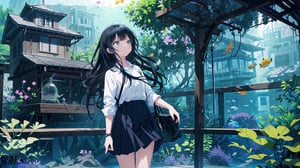 masterpiece, best quality, high quality, extremely detailed CG unity 8k wallpaper, extremely detailed, High Detail, vibrant colors, backlight, photo background, 

(1girl, solo), long hair, skirt, shirt, black hair, bag, looking up, watch, wristwatch, aquarium,

A girl standing in front of a large aquarium, gazing thoughtfully at the blue underwater scene, soft lighting, calm and serene atmosphere, long hair, casual outfit