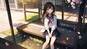 masterpiece, best quality, high quality, extremely detailed CG unity 8k wallpaper, extremely detailed, High Detail, anime style, colors, backlight, bright, vibrant,

(1girl, solo), long hair, looking at viewer, bangs, skirt, brown hair, shirt, black hair, long sleeves, holding, brown eyes, sitting, school uniform, white shirt, pleated skirt, outdoors, food, serafuku, black skirt, sailor collar, feet out of frame, holding food, stairs, juice, sitting on stairs,

A young girl in a Japanese sailor school uniform, sitting on outdoor stone stairs, drinking a juice pouch, sunny day, natural and cute expression, gentle sunlight, cherry blossom petals falling, warm and serene atmosphere