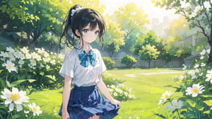 masterpiece, best quality, high quality, extremely detailed CG unity 8k wallpaper, extremely detailed, High Detail, vibrant colors, backlight, photo background, 

(1girl, solo), skirt, shirt, black hair, bow, school uniform, white shirt, ponytail, flower, short sleeves, pleated skirt, outdoors, bowtie, plaid, plaid skirt, field, flower field,

A girl in a white shirt and green plaid skirt standing in a field of green plants and white flowers, with a transparent greenhouse in the background, bright sunny day, fresh and natural atmosphere