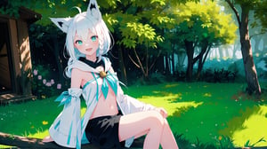 masterpiece, best quality, high quality, extremely detailed CG unity 8k wallpaper, extremely detailed, High Detail, vibrant colors, backlight, photo background, 

(1girl, solo), long hair, breasts, looking at viewer, smile, open mouth, bangs, navel, animal ears, hair between eyes, sitting, green eyes, tail, braid, ahoge, white hair, sidelocks, outdoors, detached sleeves, shorts, day, virtual youtuber, hood, wide sleeves, tree, neckerchief, animal ear fluff, fox ears, short shorts, single braid, hoodie, fox tail, wariza, black shorts, grass, outstretched arm, fox girl, nature, side braid, forest, outstretched hand, reaching towards viewer, blue neckerchief, dappled sunlight, white hoodie, shirakami fubuki,

A cute girl with white short hair and animal ears, sitting on a grassy forest clearing, wearing a loose white shirt with a blue scarf, reaching out with a warm smile, sunny forest background, green grass and scattered flowers, anime style,