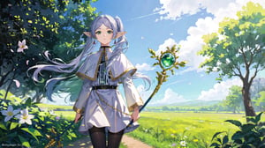 masterpiece, best quality, high quality, extremely detailed CG unity 8k wallpaper, extremely detailed, High Detail, vibrant colors, backlight, photo background, 

(1girl, solo), frieren, long hair, twintails, (green eyes:1.5), grey hair, pointy ears, elf, shirt, long sleeves, jewelry, pantyhose, earrings, striped, black pantyhose, capelet, striped shirt, 

upper body, outdoors, sky, pointy ears, cloud, hand up, blurry, from side, petals, floating hair, field,

A fantasy elf girl with long silver hair, standing in a field of flowers with a dreamy sky background, She is holding a magical staff and her hair is flowing in the wind, The scene is serene and filled with soft light, 