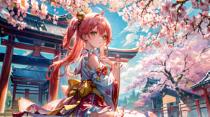 //Quality
(((best quality, 8k wallpaper))), ((detailed eyes, detailed illustration, masterpiece, ultra-detailed)),

//Charater
1girl, solo, Sakura Miko, SakuraMiko, 
MikoBase, long hair, ahoge, one side up, hair bell, cherry blossom print, nontraditional miko, frills, single thighhigh, bridal garter,

// Pose
upper body, (dynamic angle), 
looking at viewer, 

// Background
((detailed background)), midjourney, yofukashi background,perfect light, (cherry blossoms), extremely delicate and beautiful, ((background: shrine, day, daylight), Day view in the shrine, A girl prays in front of a shrine at daytime, behind her is a red torii gate, ,More Detail
