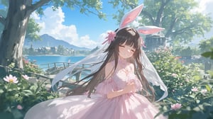 Captured at eye-level on a cloudy day, a young Asian girl, dressed in a pink dress, adorned with a white lace veil, is stunning against the backdrop of a body of water. Her hair is cascading down her back, adding a touch of warmth to the scene. She's wearing a pair of bunny ears, adorned in pink and white, adorned by a pink ribbon. Her eyes are closed, a soft smile on her face, and her lips are painted a soft pink. The girl's hair is long, dark brown, and she's smiling. The backdrop is a vibrant blue sky, dotted with white fluffy clouds. In the background, there is a quaint wooden bridge arching over the water, leading to a small garden filled with blooming flowers and lush greenery. The garden is bordered by tall, ancient trees whose leaves rustle gently in the breeze.