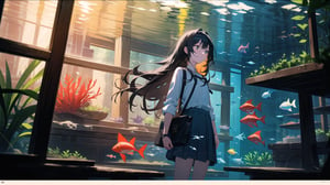 masterpiece, best quality, high quality, extremely detailed CG unity 8k wallpaper, extremely detailed, High Detail, vibrant colors, backlight, photo background, 

(1girl, solo), long hair, skirt, shirt, black hair, bag, looking up, watch, wristwatch, aquarium,

A girl standing in front of a large aquarium, gazing thoughtfully at the blue underwater scene, soft lighting, calm and serene atmosphere, long hair, casual outfit