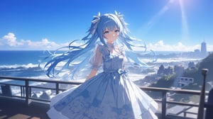 a young anime girl stands on a wooden deck in front of a metal railing. She is dressed in a light blue dress adorned with a detailed floral pattern, adorned with intricately tied blue ribbons and a perfectly placed white bow. Her hair is pulled back in a neat and flowing ponytail, with strands catching the light, adding a pop of color to the scene. Her eyes sparkle with life, and her expression is serene yet curious. The sky is a deep blue, dotted with fluffy white clouds, and a few buildings can be seen in the distance, their outlines sharp against the horizon. The sunlight casts gentle shadows, highlighting the texture of the wooden deck and the metal railing.