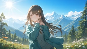 (1girl, solo), long hair, smile, brown hair, black hair, long sleeves, upper body, outdoors, sky, day, sweater, tree, blue sky, sleeves past wrists, mountain, teal jacket, scenic mountain landscape, clear blue skies, sunlight, green vegetation, majestic mountains, gentle breeze, wildflowers, warm glow, peaceful atmosphere