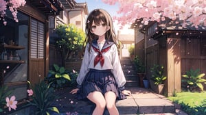 masterpiece, best quality, high quality, extremely detailed CG unity 8k wallpaper, extremely detailed, High Detail, anime style, colors, backlight, bright, vibrant,

(1girl, solo), long hair, looking at viewer, bangs, skirt, brown hair, shirt, black hair, long sleeves, holding, brown eyes, sitting, school uniform, white shirt, pleated skirt, outdoors, food, serafuku, black skirt, sailor collar, feet out of frame, holding food, stairs, juice, sitting on stairs,

A young girl in a Japanese sailor school uniform, sitting on outdoor stone stairs, drinking a juice pouch, sunny day, natural and cute expression, gentle sunlight, cherry blossom petals falling, warm and serene atmosphere