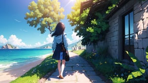 masterpiece, best quality, high quality, extremely detailed CG unity 8k wallpaper, extremely detailed, High Detail, vibrant colors, backlight, photo background, 

(1girl, solo), long hair, standing, outdoors, sky, day, from behind, shadow, scenery,

A girl standing at the exit of a rocky tunnel, sunlight streaming in, creating strong contrasts of light and shadow, The girl is facing the ocean, back to the camera, illuminated by the sunlight, The tunnel is framed by tall rock walls, with a serene and beautiful scene of the blue ocean and bright sky outside. The person is dressed casually, seemingly enjoying the natural beauty of the moment,