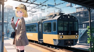 masterpiece, best quality, high quality, extremely detailed, High Detail, vibrant colors, 

(1girl, solo), virtual youtuber, amelia watson, amelia_detective, collared shirt, red necktie, plaid skirt, thighhighs, smile, holding, standing, from side, clock, pocket watch, deerstalker, detective outfit, trench coat, preparing to board a train, 

platform with train, train station, big windows, sunlight, sunlight streaming through, vintage clock on the wall, warm and inviting atmosphere, morning light, sense of adventure and anticipation