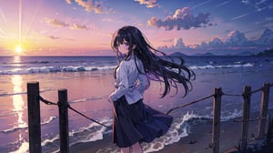 masterpiece, best quality, high quality, extremely detailed CG unity 8k wallpaper, extremely detailed, High Detail, colors, purple tone, 

(1girl, solo), long hair, skirt, shirt, black hair, long sleeves, standing, white shirt, outdoors, sky, cloud, black skirt, water, from behind, shadow, ocean, beach, cloudy sky, scenery, sunset, long skirt, horizon, waves,

A girl standing by the seaside at sunset, back facing the camera, wearing a long sleeve shirt and a long skirt, hands behind her back, serene and solitary atmosphere, pink and purple sky, sun near the horizon, tranquil feeling, sea waves gently touching the shore, reflecting the sunset glow,girl