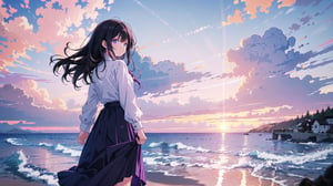 masterpiece, best quality, high quality, extremely detailed CG unity 8k wallpaper, extremely detailed, High Detail, colors, purple tone, 

(1girl, solo), long hair, skirt, shirt, black hair, long sleeves, standing, white shirt, outdoors, sky, cloud, black skirt, water, from behind, shadow, ocean, beach, cloudy sky, scenery, sunset, long skirt, horizon, waves,

A girl standing by the seaside at sunset, back facing the camera, wearing a long sleeve shirt and a long skirt, hands behind her back, serene and solitary atmosphere, pink and purple sky, sun near the horizon, tranquil feeling, sea waves gently touching the shore, reflecting the sunset glow,girl