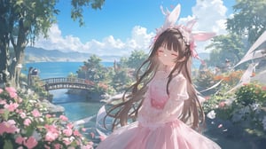 Captured at eye-level on a cloudy day, a young Asian girl, dressed in a pink dress, adorned with a white lace veil, is stunning against the backdrop of a body of water. Her hair is cascading down her back, adding a touch of warmth to the scene. She's wearing a pair of bunny ears, adorned in pink and white, adorned by a pink ribbon. Her eyes are closed, a soft smile on her face, and her lips are painted a soft pink. The girl's hair is long, dark brown, and she's smiling. The backdrop is a vibrant blue sky, dotted with white fluffy clouds. In the background, there is a quaint wooden bridge arching over the water, leading to a small garden filled with blooming flowers and lush greenery. The garden is bordered by tall, ancient trees whose leaves rustle gently in the breeze.