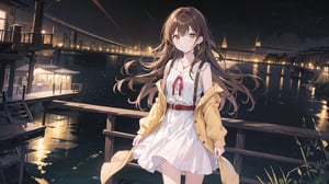 masterpiece, best quality, high quality, extremely detailed CG unity 8k wallpaper, extremely detailed, High Detail, vibrant colors, backlight, simple background, night background, night, yellow background, yellow tones, 

(1girl, solo), long hair, looking at viewer, brown hair, dress, brown eyes, jewelry, earrings, outdoors, belt, white dress, sleeves past wrists, photo background, real world location,

A young girl standing by a riverside at night, wearing a red knit cardigan and a white dress, The background features a river with reflections of lights and a bridge, The scene is set in a peaceful and romantic nighttime atmosphere,