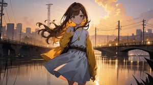 masterpiece, best quality, high quality, extremely detailed CG unity 8k wallpaper, extremely detailed, High Detail, vibrant colors, backlight, simple background, night background, night, yellow background, yellow tones, 

(1girl, solo), long hair, looking at viewer, brown hair, dress, brown eyes, jewelry, earrings, outdoors, belt, white dress, sleeves past wrists, photo background, real world location,

A young girl standing by a riverside at night, wearing a red knit cardigan and a white dress, The background features a river with reflections of lights and a bridge, The scene is set in a peaceful and romantic nighttime atmosphere,