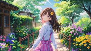 masterpiece, best quality, high quality, extremely detailed CG unity 8k wallpaper, extremely detailed, High Detail, vibrant colors, backlight, photo background, 

(1girl, solo), long hair, looking at viewer, smile, bangs, skirt, brown hair, shirt, long sleeves, brown eyes, standing, flower, outdoors, looking back, lips, head tilt, plaid, pink shirt, pink plaid shirt, plaid shirt, 

green plants, stairs, railing, walkway, orange flowers, outdoor, park, garden, lush greenery, metal railing, peaceful environment, nature scenery