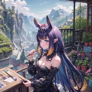 //Quality
(((best quality, 8k wallpaper))), ((detailed eyes, detailed illustration, masterpiece, ultra-detailed)),

//Charater
1girl, solo, ninomae ina'nis, bangs, inapriestess, strapless dress, low wings, halo, tentacles

// Pose
profile, in_profile, upper body, (dynamic angle), painting on a easel, holding a paint brush, 

// Background
balcony scenery, blue cloudy sky scenery, plants and flowers, mountains scenery