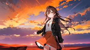 masterpiece, best quality, high quality, extremely detailed CG unity 8k wallpaper, extremely detailed, High Detail, vibrant colors, backlight, photo background, 

(1girl, solo), long hair, looking at viewer, smile, skirt, brown hair, long sleeves, standing, jacket, outdoors, coat,

A person wearing a black jacket standing in front of a vast desert landscape with rocky formations and a cloudy sky, A vast desert landscape with reddish-orange rock formations, eroded geological structures, and flat rock plateaus in the distance under a cloudy sky,