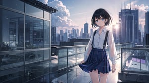 masterpiece, best quality, high quality, extremely detailed CG unity 8k wallpaper, extremely detailed, High Detail, vibrant colors, backlight, photo background,

(1girl, solo), skirt, shirt, black hair, long sleeves, standing, outdoors, solo focus, day, blurry, looking to the side, plaid, blurry background, plaid skirt, walking, a modern building with large glass windows,

A young girl with black short hair standing in front of a modern building with large glass windows, She is wearing a white cardigan, a ribbed white button-up top, and a gray plaid skirt, The sky is clear and blue, The building in the background features curved architecture and reflective glass panels, The overall scene is calm and serene,
