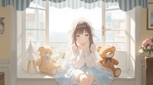 A girl in a light blue lace dress sitting by a windowsill with two plush toys, dressed in a white dress with a veil on her head, is seated on a white window sill. She is smiling, her left hand resting on her chin, adding a touch of warmth to the scene. The teddy bear on the left is a light brown color, while the teddy on the right is a darker shade of brown. The woman's hair is dark brown, and her eyes are a piercing blue. The wall behind her is a creamy white, and the window is adorned with a blue and white striped awning. soft lighting, warm and cozy atmosphere, blurred outdoor scene through the window.