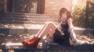 (1girl, solo), long hair, looking at viewer, skirt, brown hair, dress, brown eyes, jewelry, sitting, full body, outdoors, shoes, sleeveless, socks, black skirt, necklace, black dress, lips, shadow, white socks, red footwear, stairs,

A woman sitting on outdoor steps, wearing a black sleeveless dress, long wavy hair, white socks, and red patent leather chunky shoes. Sunlight casting long shadows, with a brick wall and door in the background