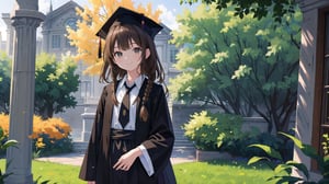 masterpiece, best quality, high quality, extremely detailed CG unity 8k wallpaper, extremely detailed, High Detail, vibrant colors, backlight, simple background,

(1girl, solo), long hair, looking at viewer, smile, brown hair, shirt, long sleeves, hat, brown eyes, white shirt, braid, necktie, collared shirt, wide sleeves, black headwear, grass, robe, black robe, cap, (graduation gown, academic gown), mortarboard,

a happy young woman in a graduation gown and cap, standing in front of a grey wall with round windows, outdoor setting, smiling, celebration,

campus features, university building, trees, academic environment, 