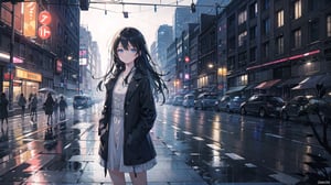 masterpiece, best quality, high quality, extremely detailed, High Detail, vibrant colors, backlight, 

(1girl, solo), long hair, looking at viewer, bangs, black hair, long sleeves, parted lips, lips, dress, standing, delicate face, soft lighting,

night, outdoors, tree, ground vehicle, city, car, road, lamppost, street, crosswalk, night city street, buildings, street lights, trees, road signs, reflections on wet ground, urban night scene, light rain, glowing neon signs, misty ambiance, bustling city, illuminated skyscrapers, busy streets, traffic lights, sidewalk, shop windows, cityscape, urban skyline, 