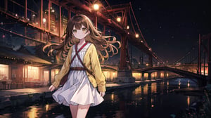 masterpiece, best quality, high quality, extremely detailed CG unity 8k wallpaper, extremely detailed, High Detail, vibrant colors, backlight, simple background, night background, night, yellow background, yellow tones, 

(1girl, solo), long hair, looking at viewer, brown hair, dress, brown eyes, jewelry, earrings, outdoors, belt, white dress, sleeves past wrists, photo background, real world location,

A young girl standing by a riverside at night, wearing a red knit cardigan and a white dress, The background features a river with reflections of lights and a bridge, The scene is set in a peaceful and romantic nighttime atmosphere,