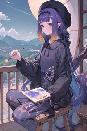 (((best quality, 8k wallpaper))), ((detailed eyes, detailed illustration, masterpiece)),
ninomae ina'nis, inapainter, tentacle hair, long hair, cute grey dress, beret, painting on a easel, holding a paint brush, balcony scenery, blue cloudy sky scenery, plants and flowers, mountains scenery