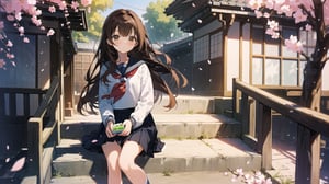 masterpiece, best quality, high quality, extremely detailed CG unity 8k wallpaper, extremely detailed, High Detail, anime style, colors, backlight, bright, vibrant,

(1girl, solo), long hair, looking at viewer, bangs, skirt, brown hair, shirt, black hair, long sleeves, holding, brown eyes, sitting, school uniform, white shirt, pleated skirt, outdoors, food, serafuku, black skirt, sailor collar, feet out of frame, holding food, stairs, juice, sitting on stairs,

A young girl in a Japanese sailor school uniform, sitting on outdoor stone stairs, drinking a juice pouch, sunny day, natural and cute expression, gentle sunlight, cherry blossom petals falling, warm and serene atmosphere