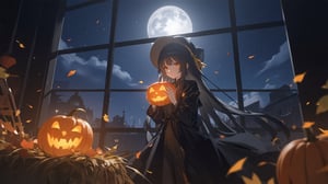 Mystical Moonlight Encounter: A young anime girl, dressed in a black cape and witch hat, holds a pumpkin with an intense gaze. Standing before a large window framing a moonlit night sky, her focus is riveted on the pumpkin. To her left, a vibrant yellow pumpkin sits atop a straw bale amidst autumn leaves, adding a burst of warmth to the enchanting scene.