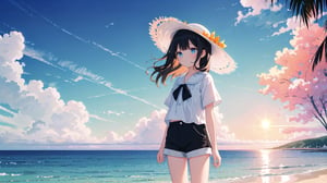 masterpiece, best quality, high quality, extremely detailed CG unity 8k wallpaper, extremely detailed, High Detail, vibrant, colors, backlight, ethereal, dreamy, soft lighting,

(1girl, solo), shirt, black hair, hat, white shirt, outdoors, sky, shorts, water, ocean, white headwear, black shorts, sun hat, sunset, photo background,

A girl standing by the sea during sunset, wearing a white lightweight blouse and black shorts, with a white wide-brimmed straw hat, The background features a calm ocean with multiple boats anchored in the distance, and the sky displaying a beautiful gradient from orange to blue, surrounded by soft clouds and gentle light reflections on the water, giving a serene and magical atmosphere,