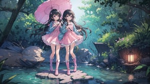 masterpiece, best quality, high quality, extremely detailed CG unity 8k wallpaper, extremely detailed, High Detail, anime style, colors, backlight, cute background, dreamy background, ethereal ambiance, magical atmosphere, fantasy elements, whimsical,

(2 girls, twins), long hair, multiple girls, black hair, dress, 2girls, boots, day, water, ocean, umbrella, knee boots, dual persona, pink footwear,

Two girls standing by the water, wearing cute dresses, long hair, holding a transparent umbrella, one in a pink dress, the other in a blue dress, fashionable boots, calm sea in the background, clear sky, refreshing and cheerful atmosphere, 