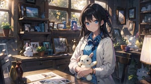 masterpiece, best quality, high quality, extremely detailed CG unity 8k wallpaper, extremely detailed, High Detail, vibrant colors, backlight, photo background, 

(1girl, solo), long hair, looking at viewer, smile, bangs, shirt, black hair, long sleeves, holding, jewelry, closed mouth, upper body, indoors, black eyes, bracelet, :3, stuffed toy, stuffed animal, stuffed bunny, holding stuffed toy, shelf, shop,

A woman sitting in a cozy shop or café, holding a cute white plush toy with blue eyes and a smiling face, The background includes wooden shelves with various products, She is wearing a pink cardigan and a white dress, with a bracelet on her wrist, Warm and inviting atmosphere,