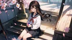 masterpiece, best quality, high quality, extremely detailed CG unity 8k wallpaper, extremely detailed, High Detail, anime style, colors, backlight, bright, vibrant,

(1girl, solo), long hair, looking at viewer, bangs, skirt, brown hair, shirt, black hair, long sleeves, holding, brown eyes, sitting, school uniform, white shirt, pleated skirt, outdoors, food, serafuku, black skirt, sailor collar, feet out of frame, holding food, stairs, juice, sitting on stairs,

A young girl in a Japanese sailor school uniform, sitting on outdoor stone stairs, drinking a juice pouch, sunny day, natural and cute expression, gentle sunlight, cherry blossom petals falling, warm and serene atmosphere