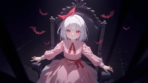 The image is an illustration of a young girl with white hair and red eyes. She is wearing a pink dress with a red bow on her head and a red collar. The dress has a high neckline and long sleeves. The girl is sitting on a black chair with her arms stretched out to the sides. The background is dark and there are bats flying around her. The overall mood of the image is eerie and mysterious.