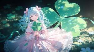 Beautiful anime-style girl in a pastel pink and white Lolita dress with lace and ribbon details, long curly light blue hair with pink bows, adorned with pink flowers, holding a large green prop. She is posed in front of a large green Lucky clover decoration, resembling a heart-shaped green leaf, with a green ribbon adding a pop of color. The background is dark, creating a stark contrast to her outfit. Elegant and whimsical atmosphere, detailed and intricate design, with vibrant colors and soft shading typical of anime art.