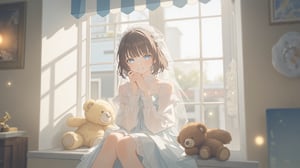 A girl in a light blue lace dress sitting by a windowsill with two plush toys, dressed in a white dress with a veil on her head, is seated on a white window sill. She is smiling, her left hand resting on her chin, adding a touch of warmth to the scene. The teddy bear on the left is a light brown color, while the teddy on the right is a darker shade of brown. The woman's hair is dark brown, and her eyes are a piercing blue. The wall behind her is a creamy white, and the window is adorned with a blue and white striped awning. soft lighting, warm and cozy atmosphere, blurred outdoor scene through the window.