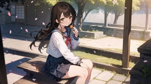 masterpiece, best quality, high quality, extremely detailed CG unity 8k wallpaper, extremely detailed, High Detail, anime style, colors, backlight, bright, vibrant,

(1girl, solo), long hair, looking at viewer, bangs, skirt, brown hair, shirt, black hair, long sleeves, holding, brown eyes, sitting, school uniform, white shirt, pleated skirt, outdoors, food, serafuku, black skirt, sailor collar, feet out of frame, holding food, stairs, juice, sitting on stairs,

A young girl in a Japanese sailor school uniform, sitting on outdoor stone stairs, drinking a juice pouch, sunny day, natural and cute expression, gentle sunlight, cherry blossom petals falling, warm and serene atmosphere